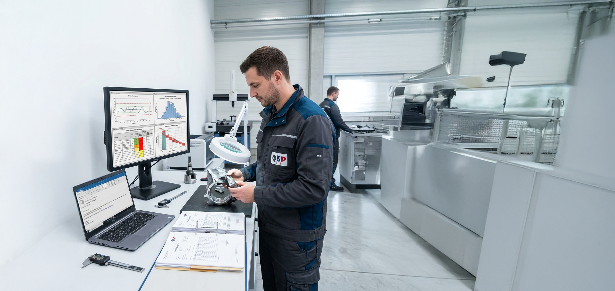 QSP-Mitarbeiter bei der Reklamationsbearbeitung im Inhouse-Prüfraum